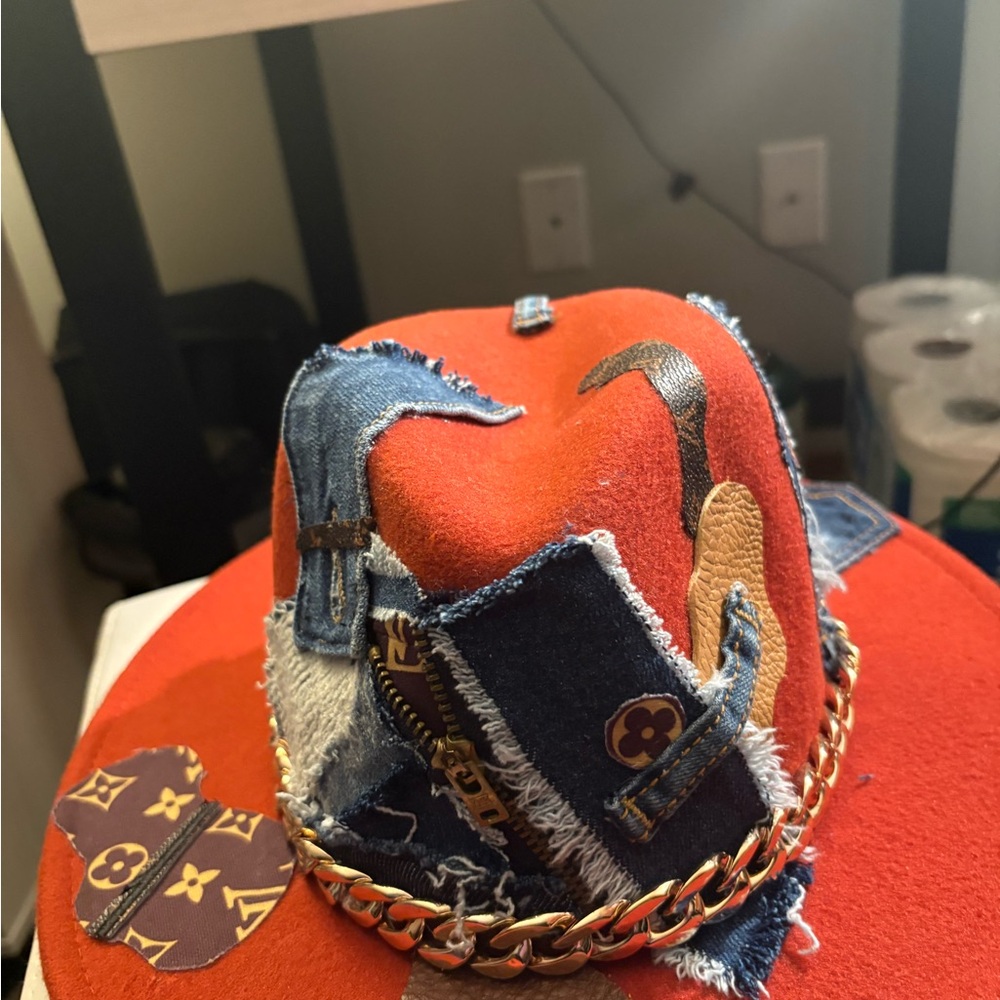 Red Patchwork Fedora With Chain Detail - image 5